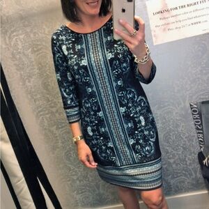 White House Black Market Blue Patterned Long Sleeve Dress